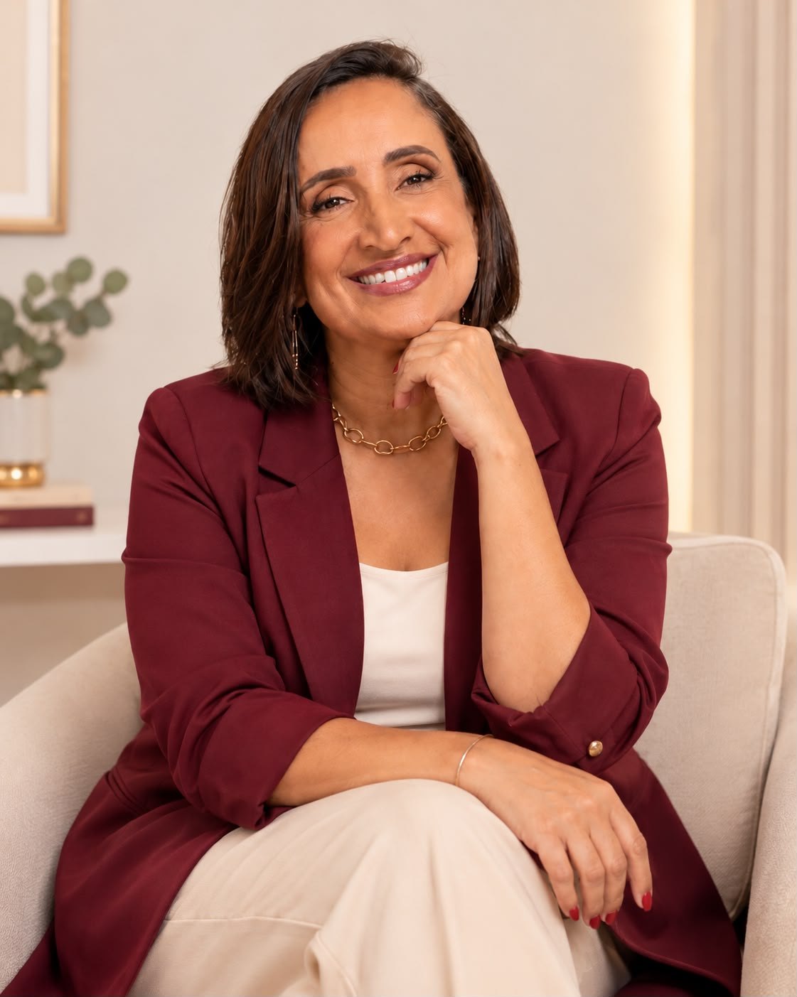 Mônica Borges, psicóloga e neuropsicóloga, sorrindo, de blazer vinho